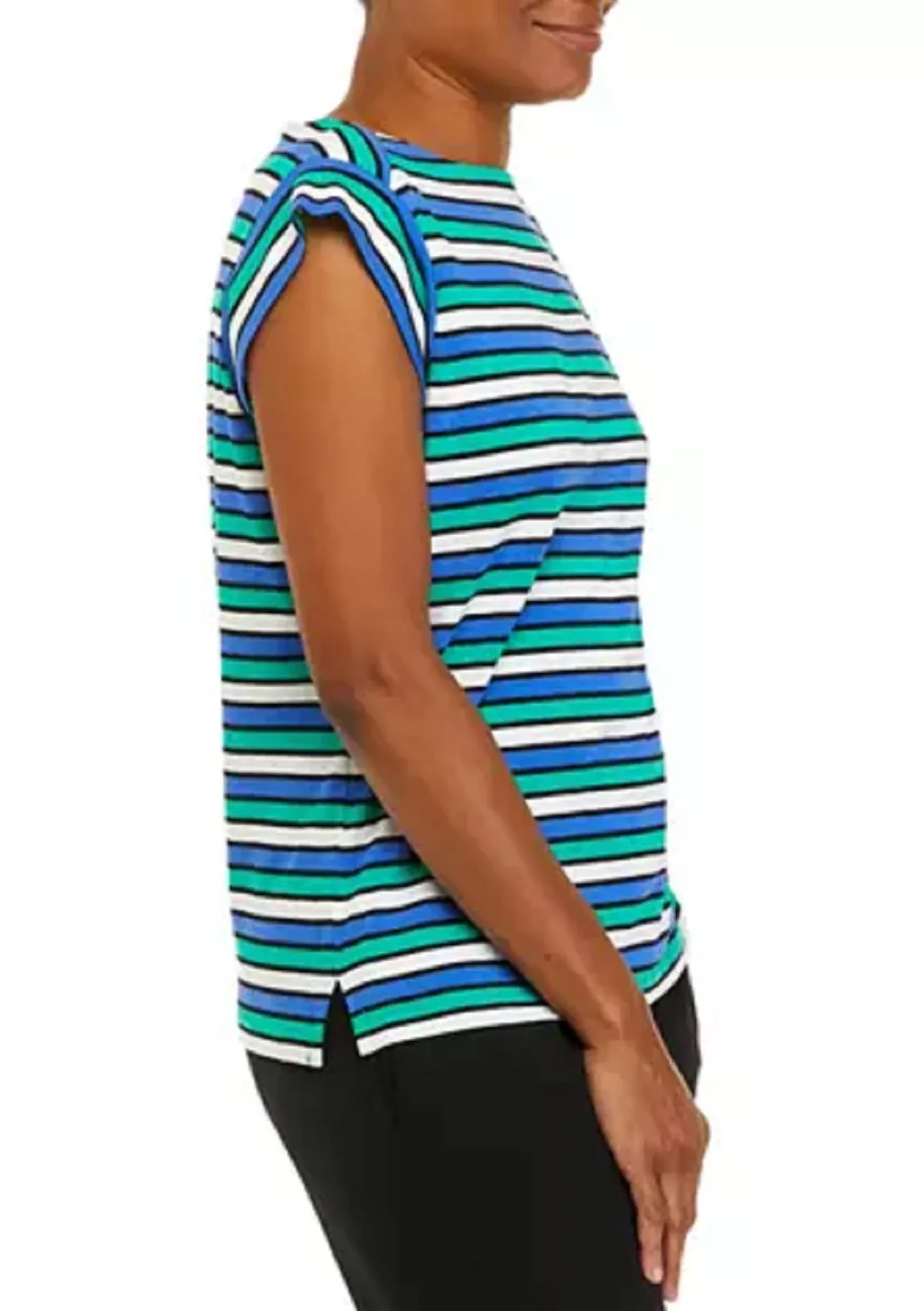 Anne Klein Women's Stripe Cap Sleeve Knit Top Blue Size Medium