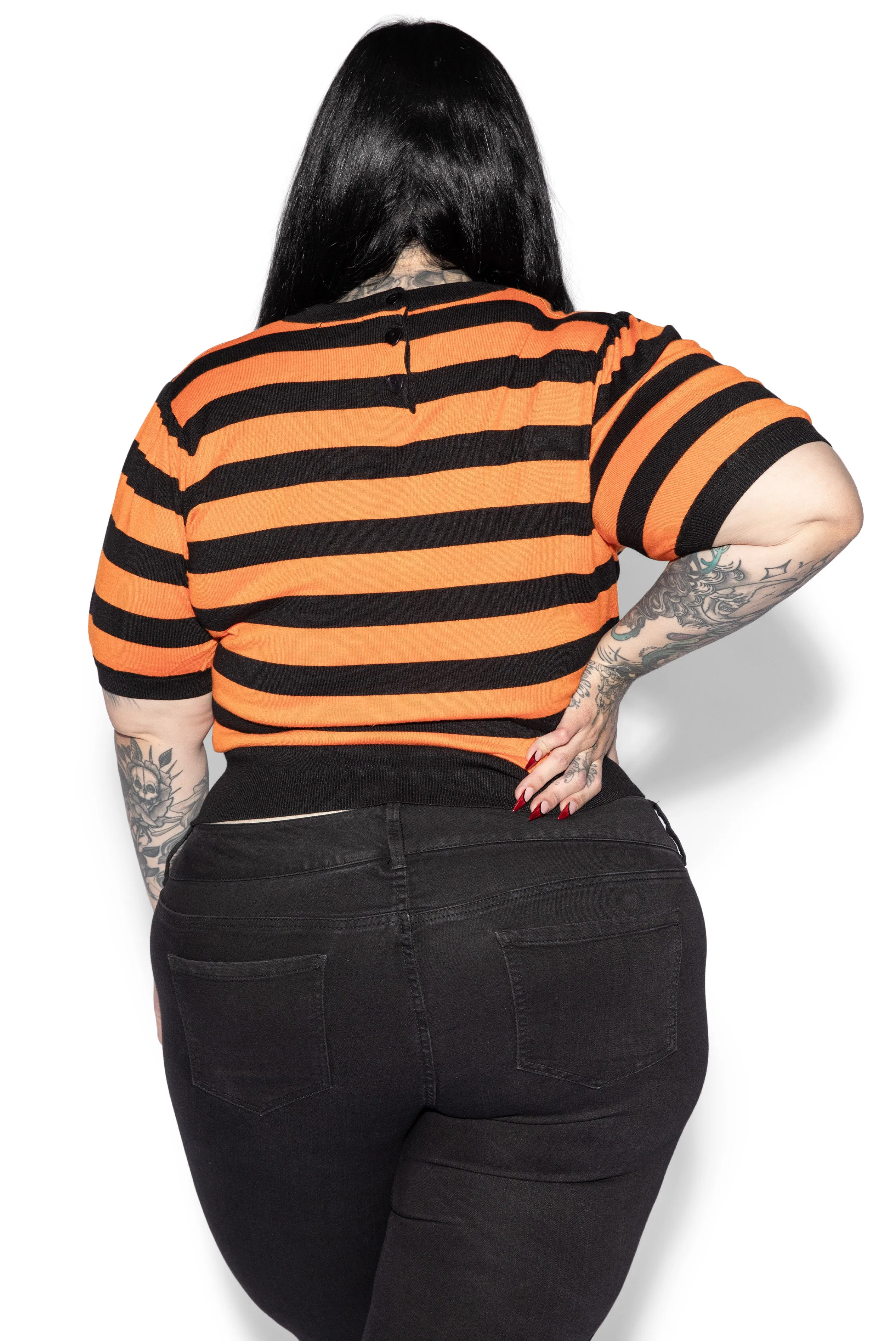 Black & Orange Striped Heart Sweater