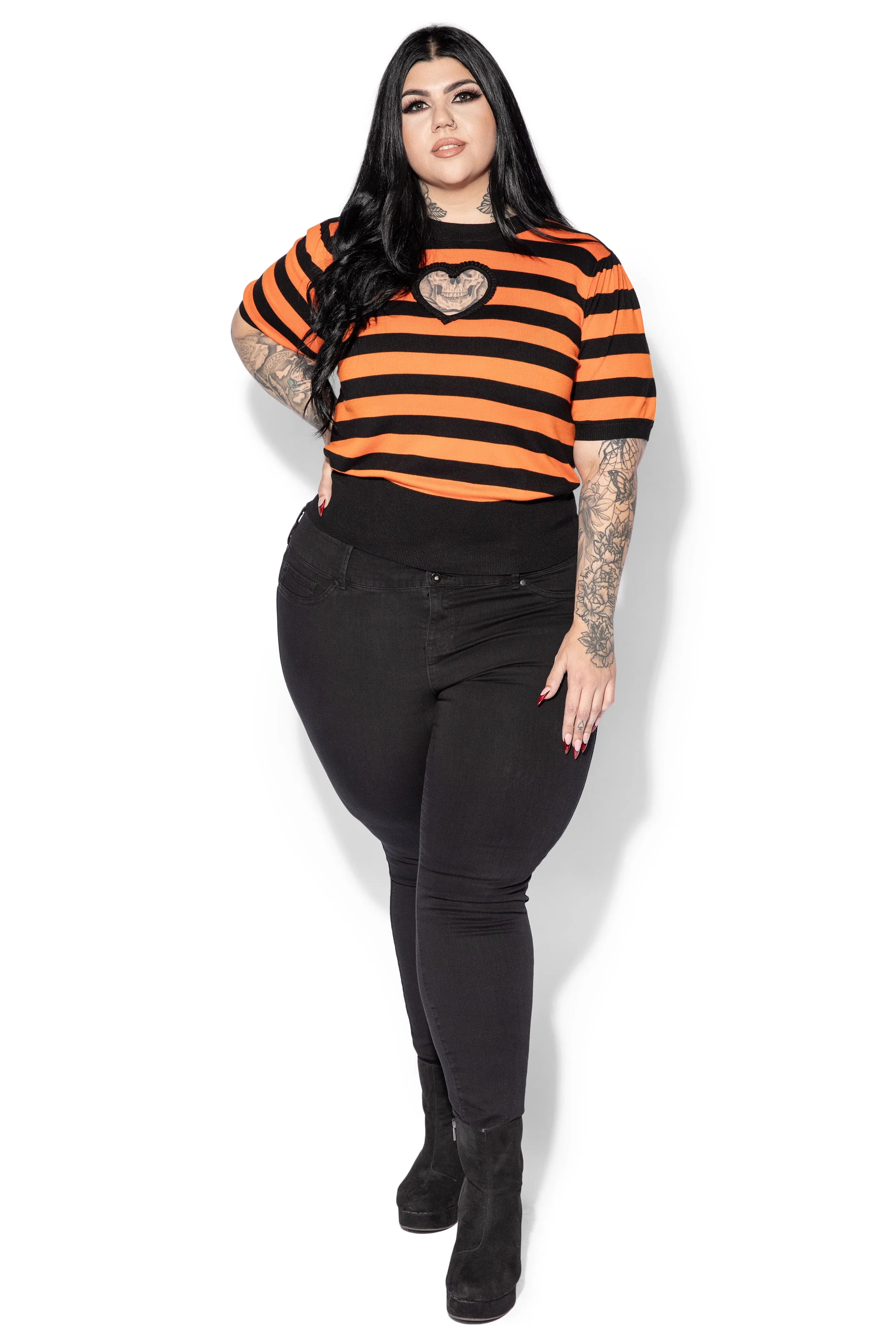 Black & Orange Striped Heart Sweater