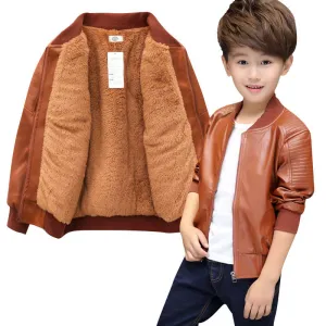 Boys Leather Jacket with Fur Lining - Tan , Color - Velvet Coffee