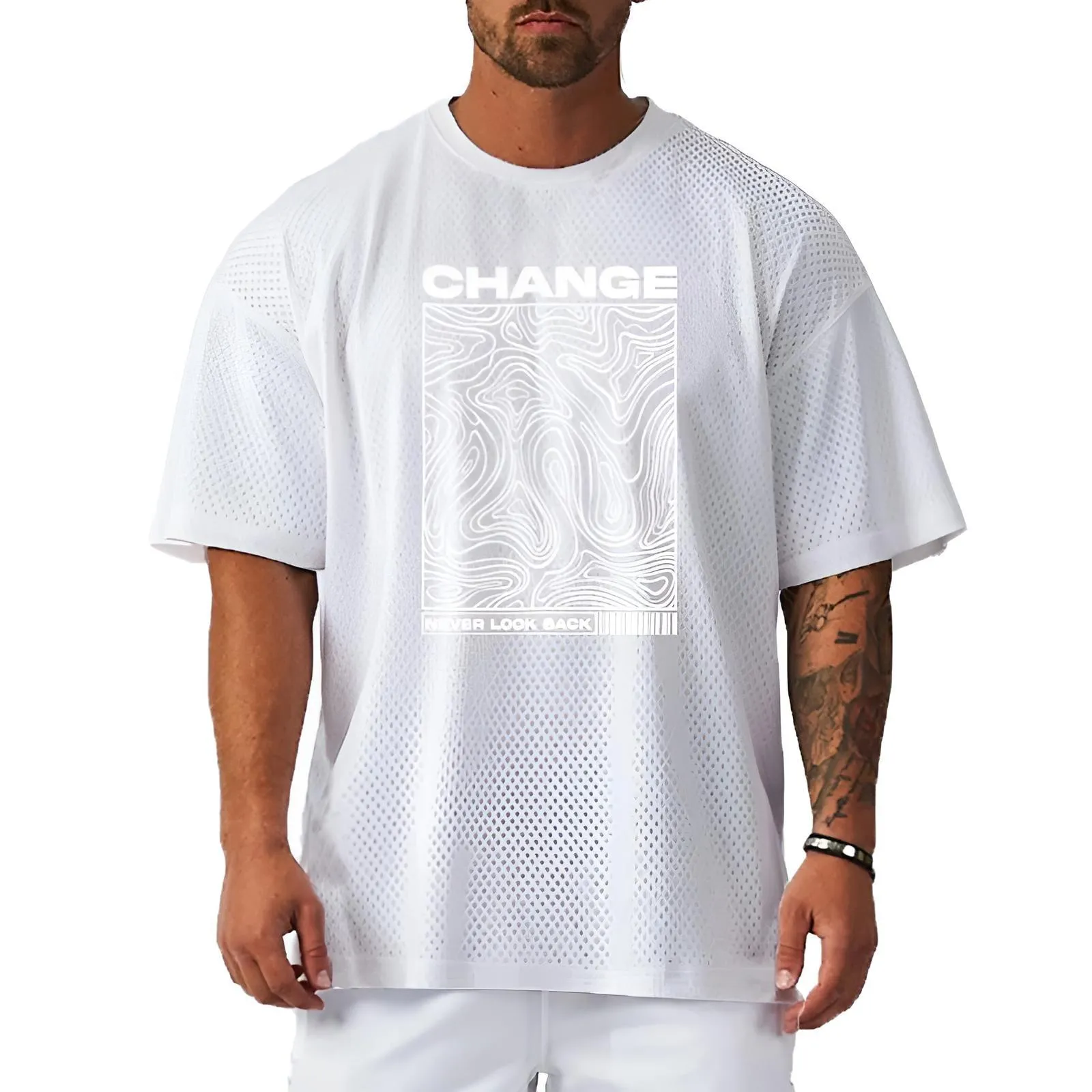 Change Never Look Back Print Oversized Gym T-Shirt Bodybuilding Muscle Short Sleeve Tops Men's Sport Fitness Shirt