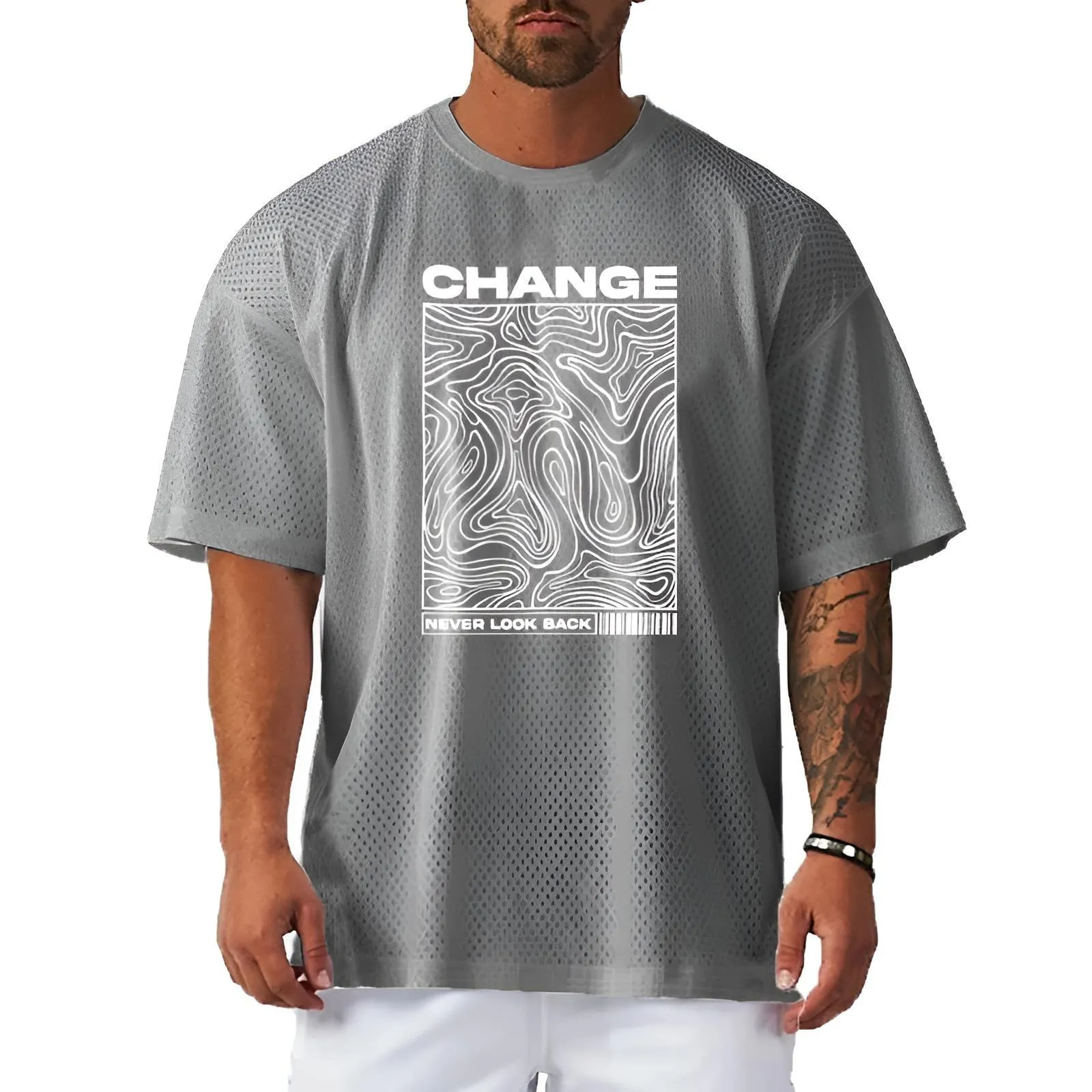 Change Never Look Back Print Oversized Gym T-Shirt Bodybuilding Muscle Short Sleeve Tops Men's Sport Fitness Shirt