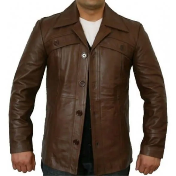 CLASSIC BUTTON STYLE ANTIQUE BROWN LEATHER JACKET COAT MEN