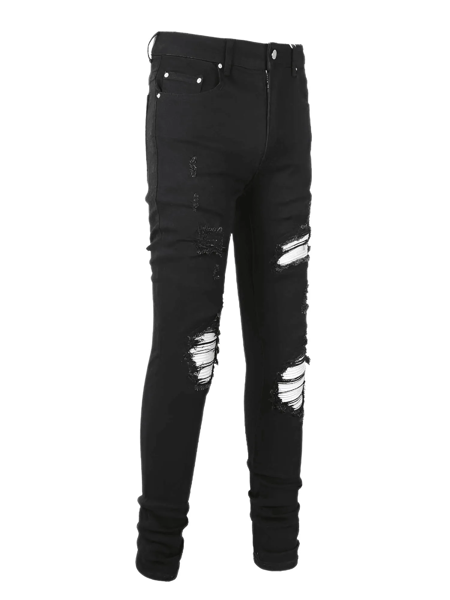 Cracked Silver Leather Patch Ripped Black Jeans Men's Streetwear Denim