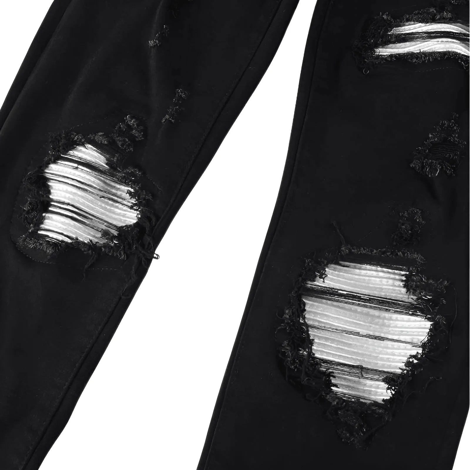 Cracked Silver Leather Patch Ripped Black Jeans Men's Streetwear Denim