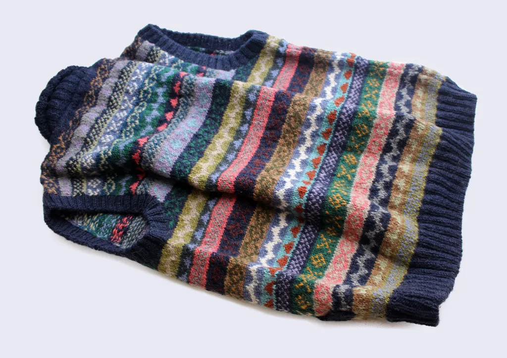 Dark Blue Border Handknitted Women's Multicolor Cardigan Sweater