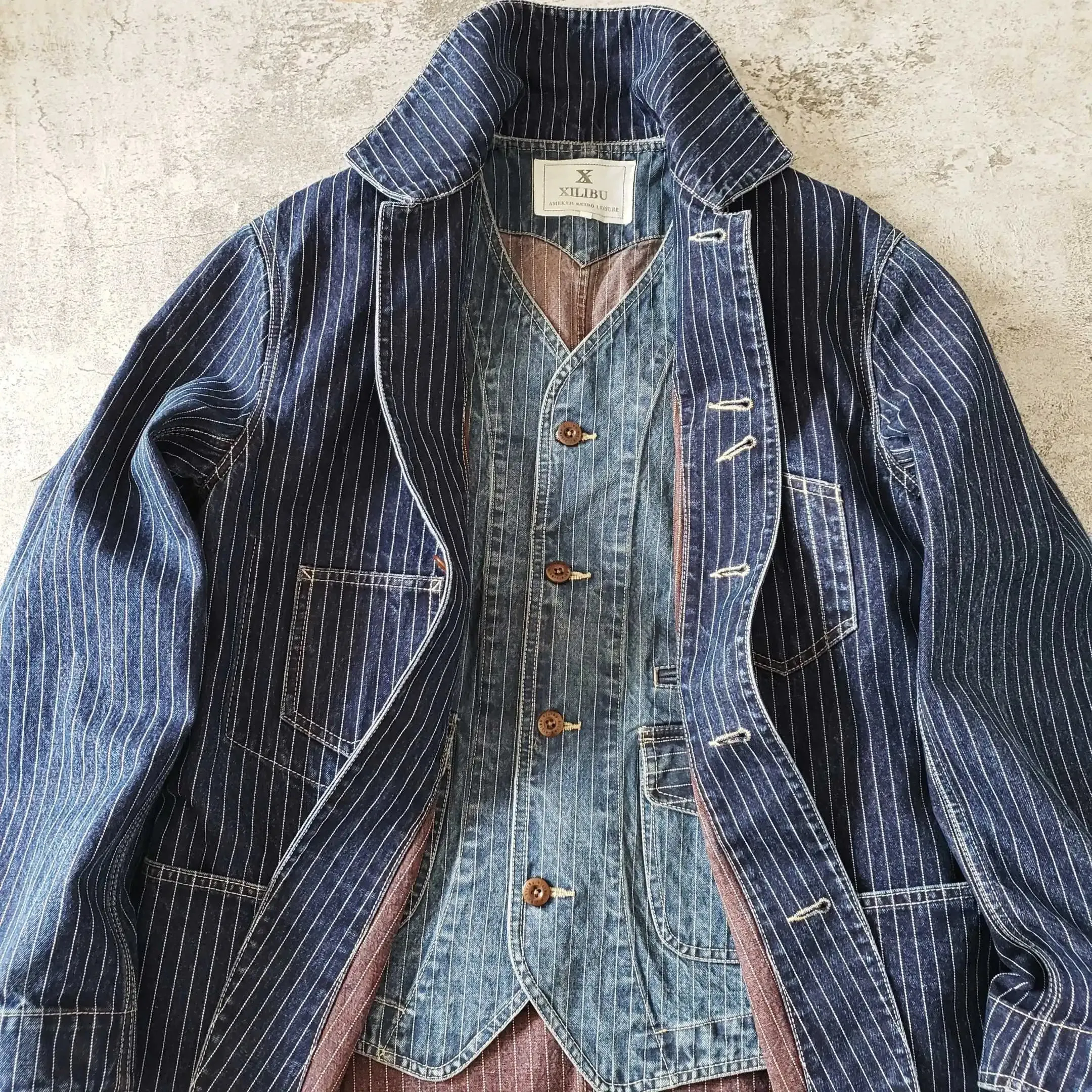 Denim Jacket for Men Striped Regular Fit Multi-pockets Vintage Brakeman Coat