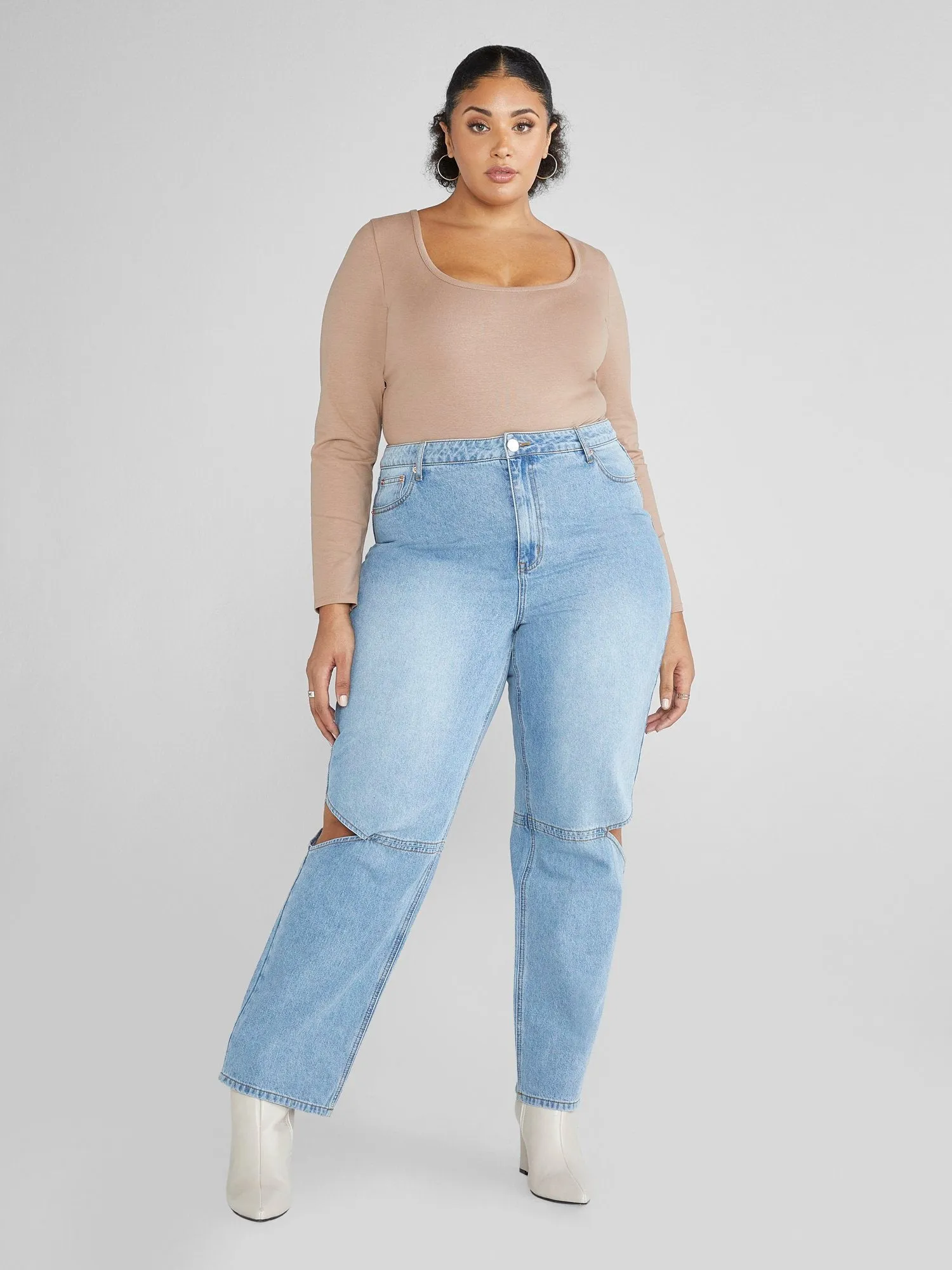 High Rise Relaxed Fit Jeans with Knee Cutouts