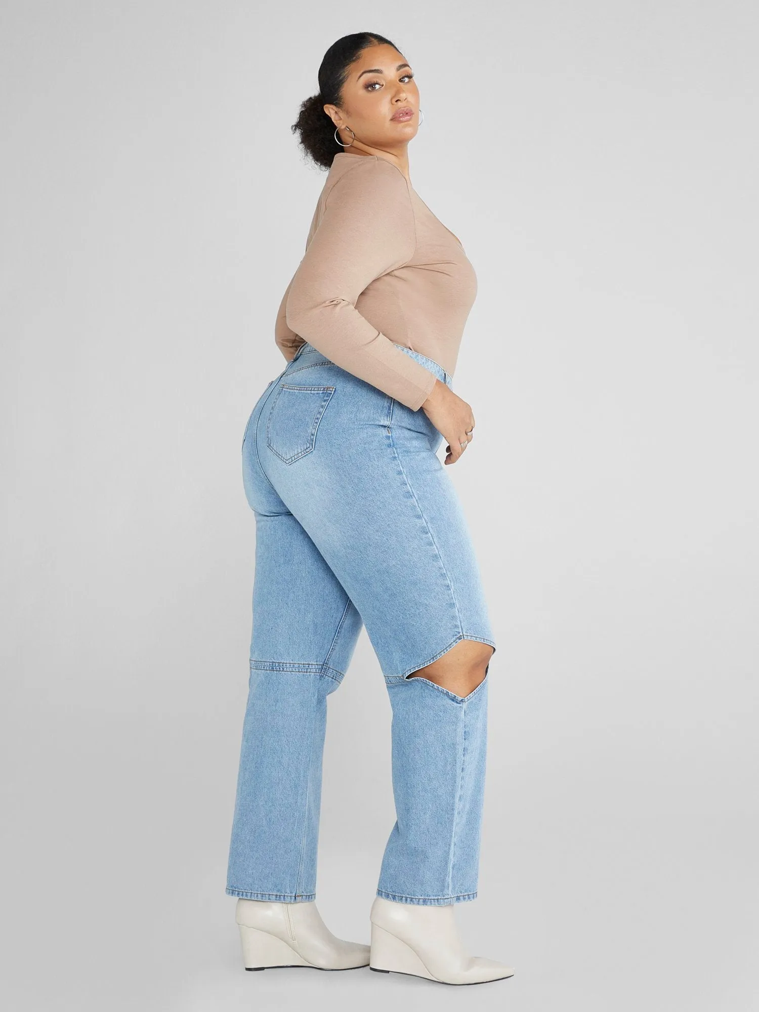 High Rise Relaxed Fit Jeans with Knee Cutouts