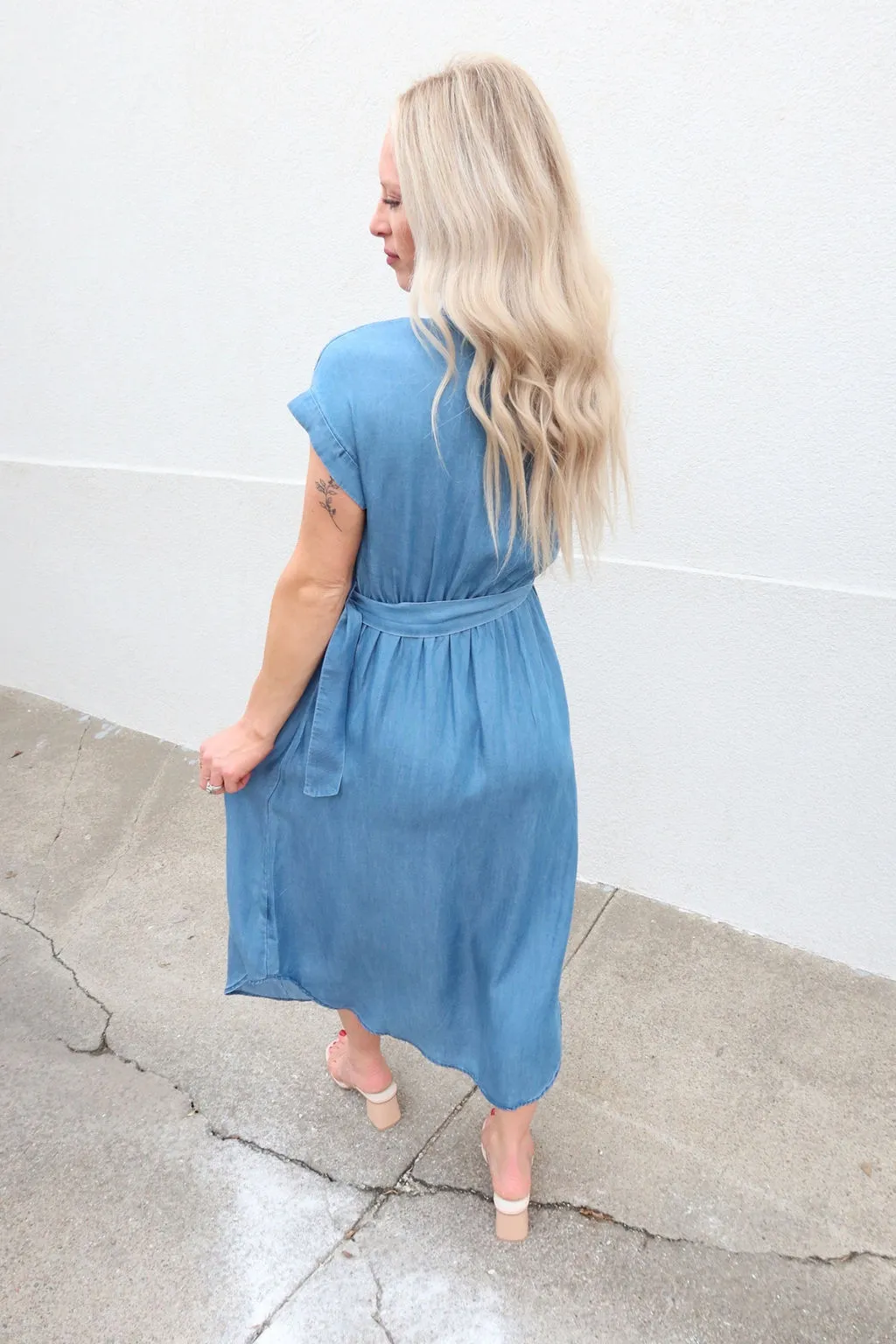 Looking Back Chambray Belted Midi Dress