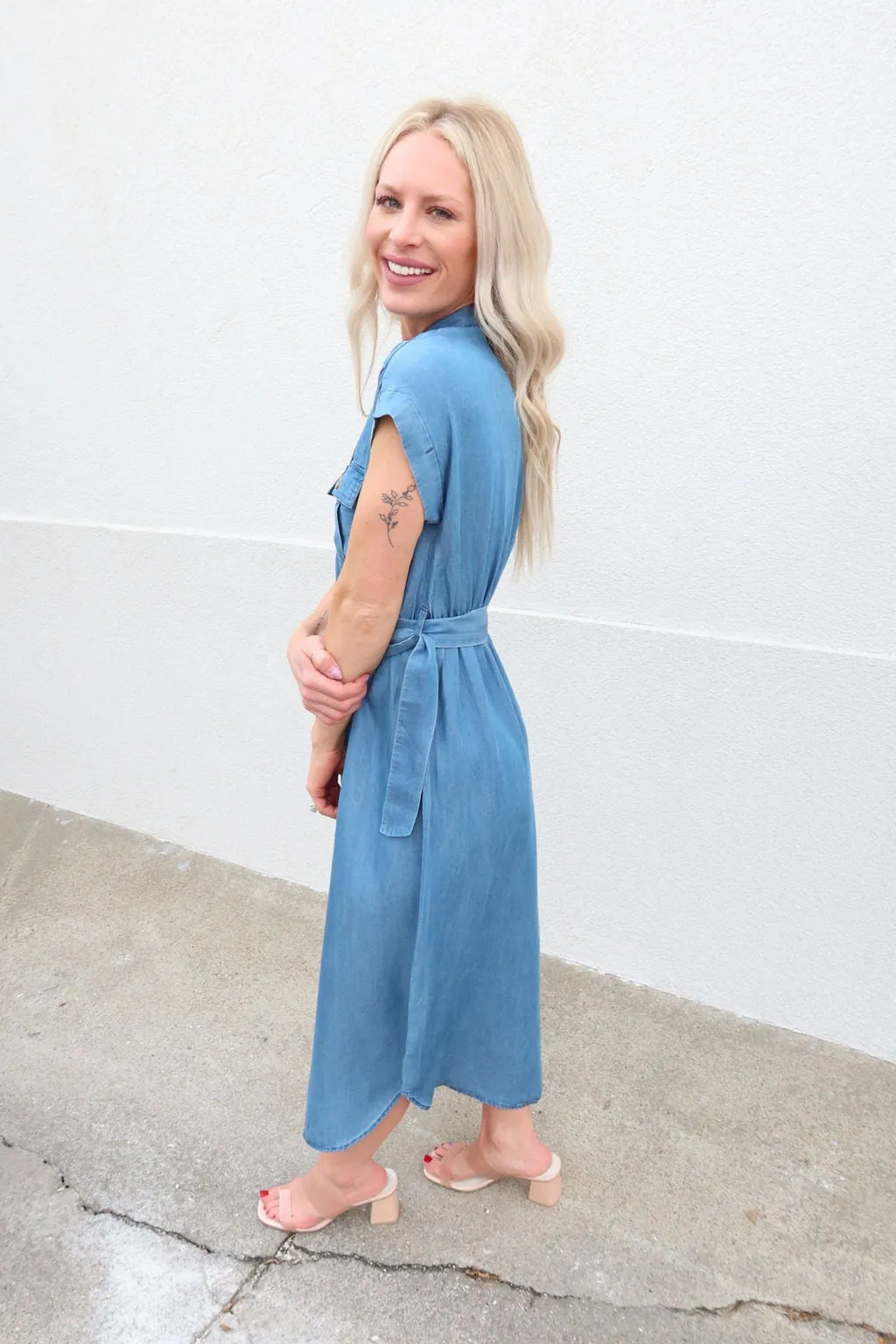 Looking Back Chambray Belted Midi Dress