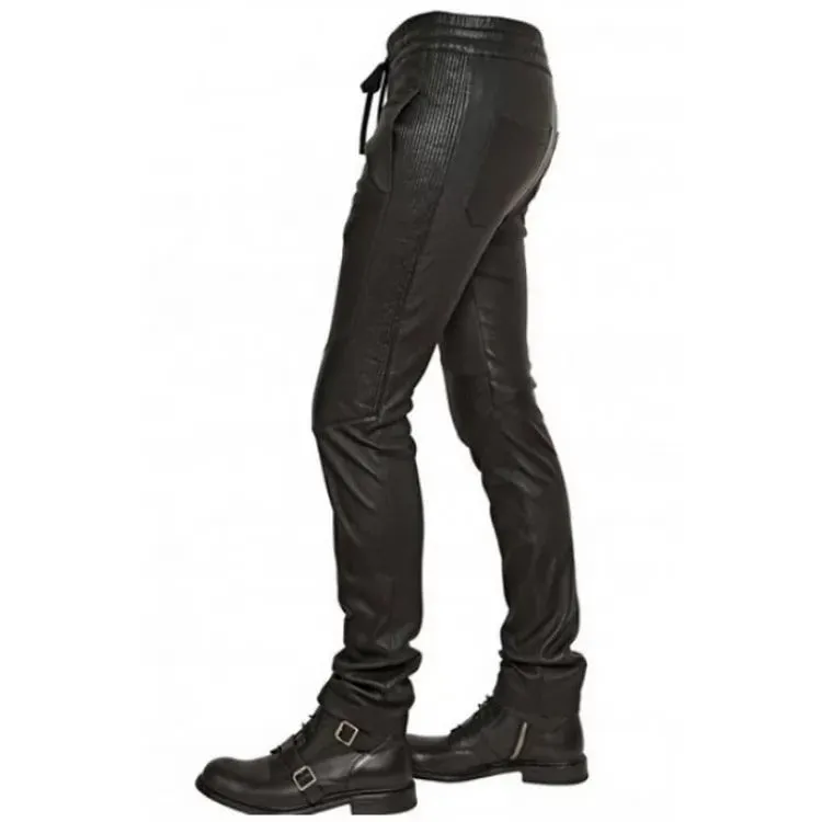 Men Casual Wear Skinny Fit Pure Black Leather Pants