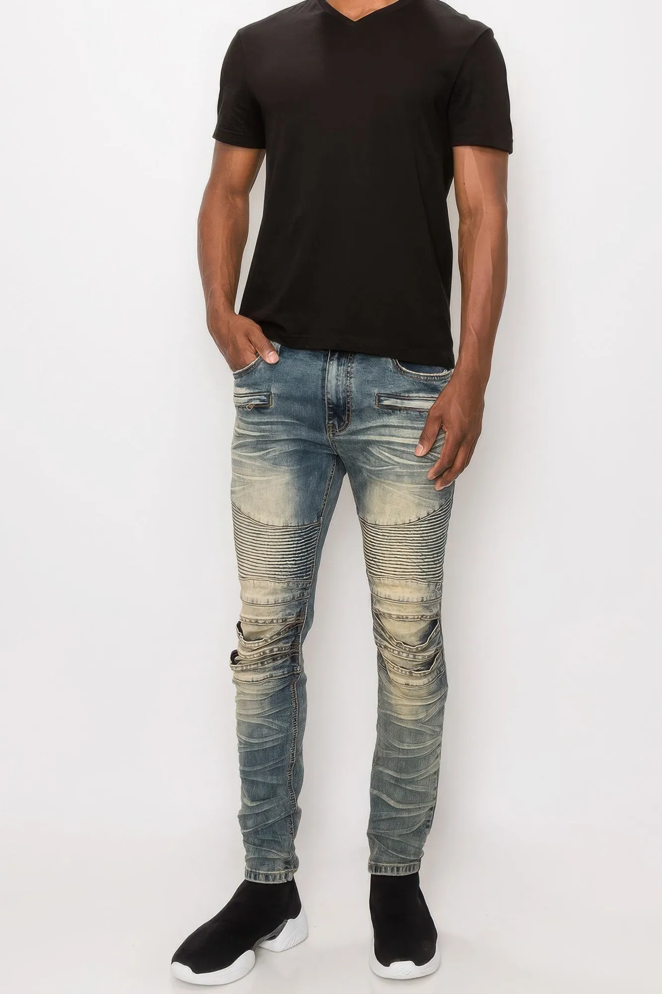 Men Creased Biker Denim Jeans