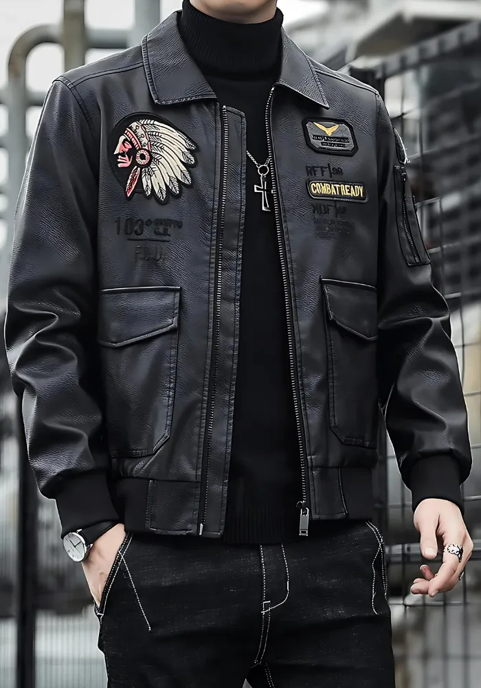 Men's Black Vintage Style Biker Leather Jacket Skull Bones