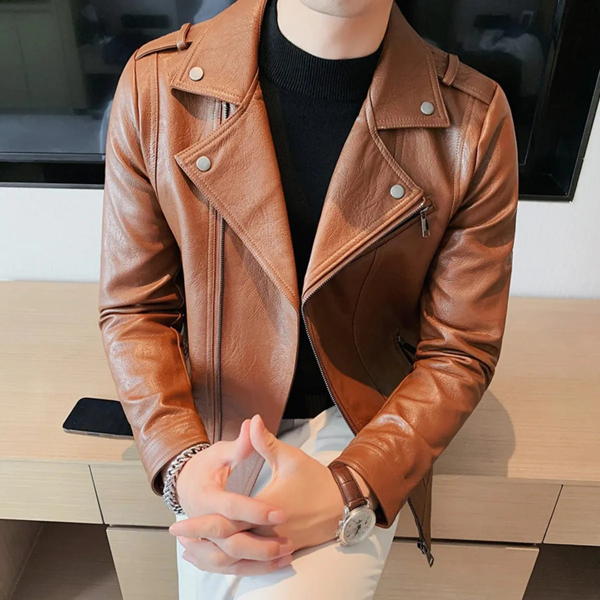 Men’s Brown Moto Biker Genuine Sheepskin Lapel Collar Asymmetric Rider Motorcycle Fashion Leather Jacket