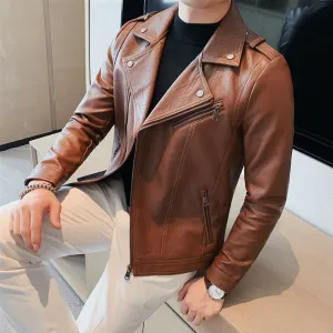 Men’s Brown Moto Biker Genuine Sheepskin Lapel Collar Asymmetric Rider Motorcycle Fashion Leather Jacket