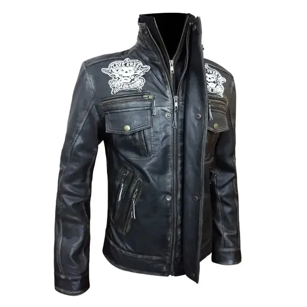 Mens Distressed Leather Black Live Hard Biker Motorcycle Jacket