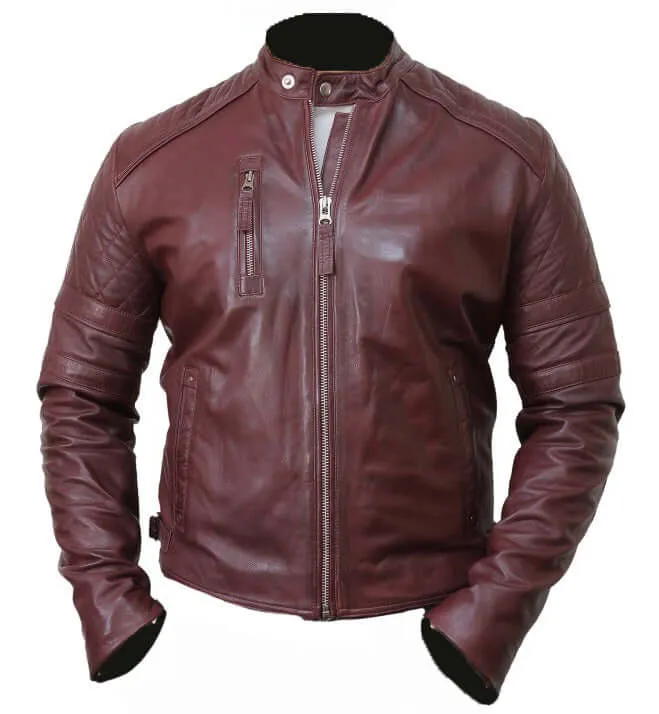 Men's Leather Biker Jacket Burgundy Color Mens