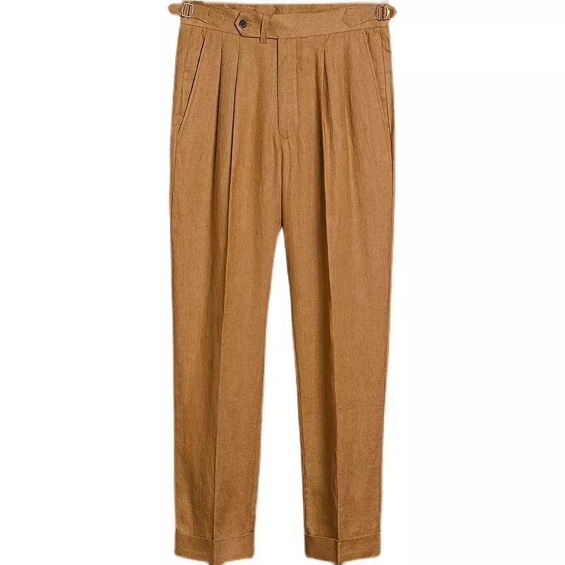 Men's Linen Suit Pants - Brown White - Smart Casual