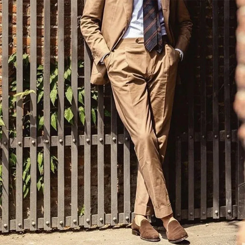 Men's Linen Suit Pants - Brown White - Smart Casual