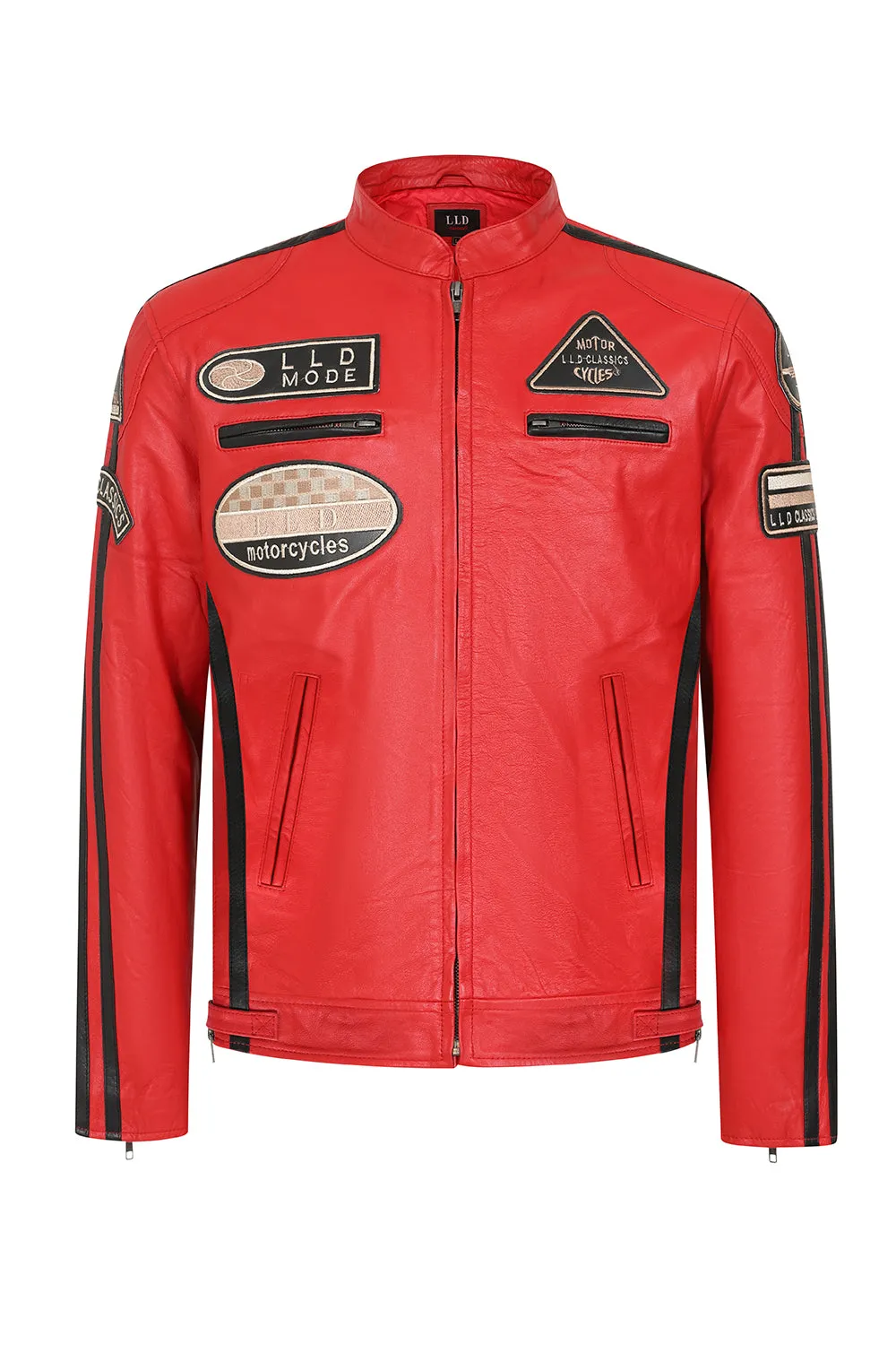 Men's Red Real Leather Racing Style Jacket with Stripes - 'FRANK'