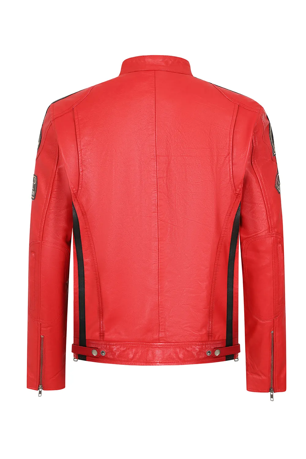 Men's Red Real Leather Racing Style Jacket with Stripes - 'FRANK'