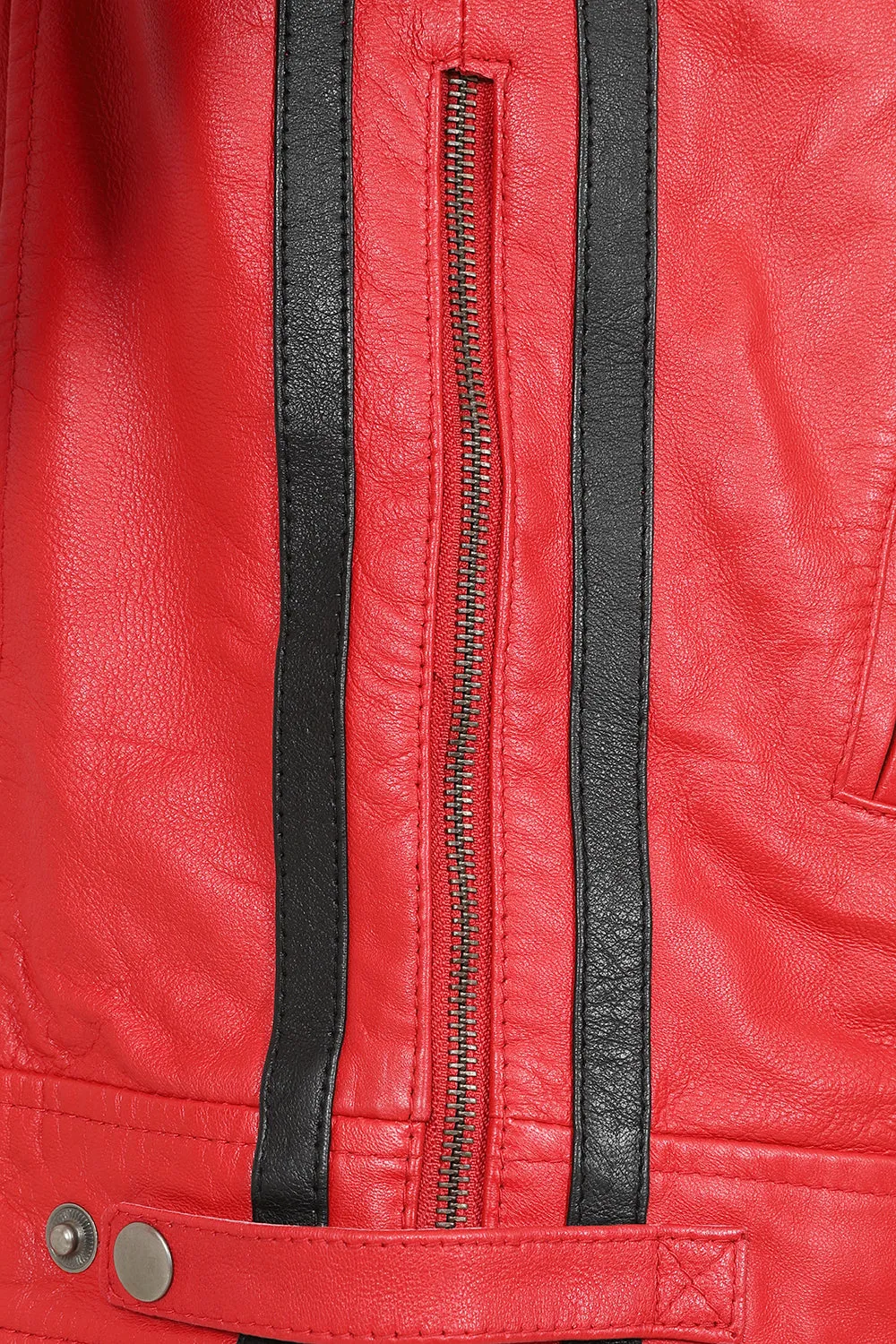 Men's Red Real Leather Racing Style Jacket with Stripes - 'FRANK'