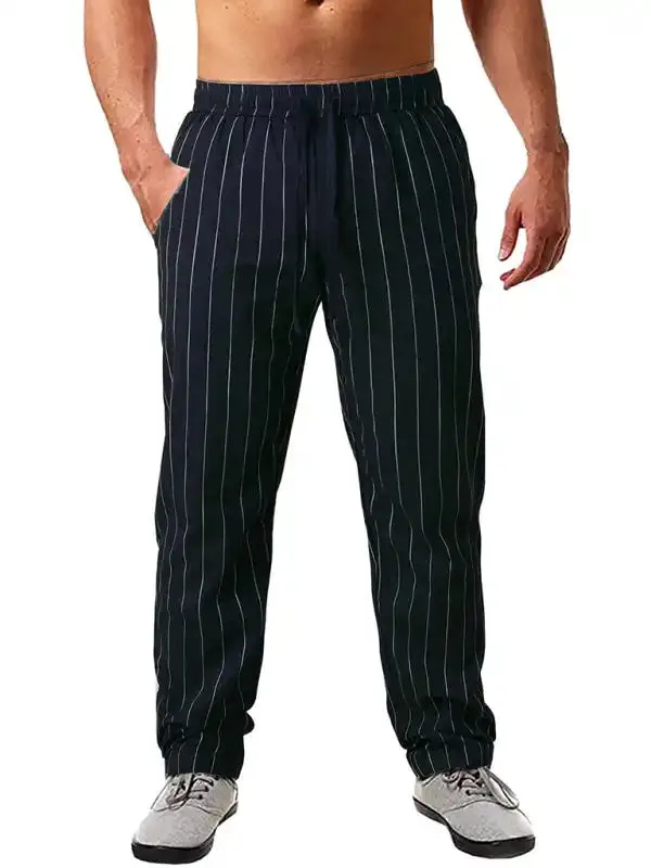 Men’s vertical striped lace-up elastic waist beach pants casual trousers