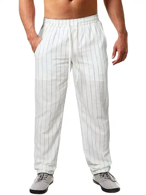 Men’s vertical striped lace-up elastic waist beach pants casual trousers