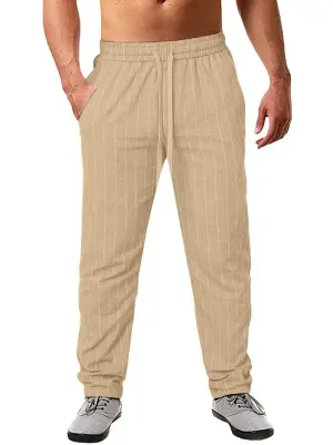 Men’s vertical striped lace-up elastic waist beach pants casual trousers