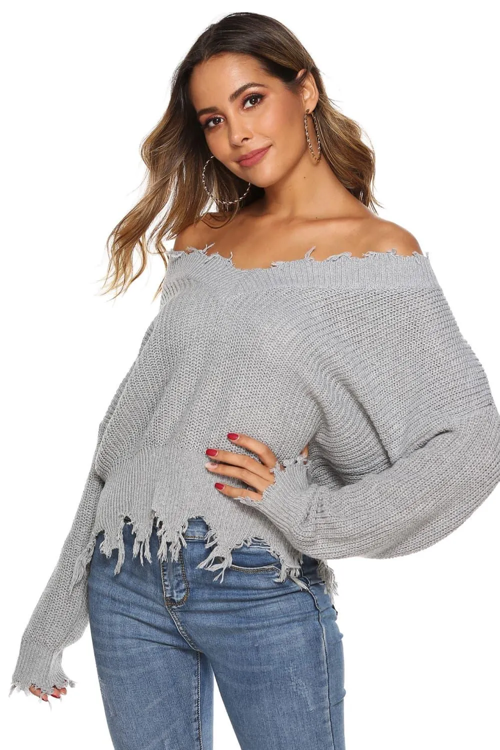 Off-Shoulder Ribbed Long Sleeve Raw Hem Sweater