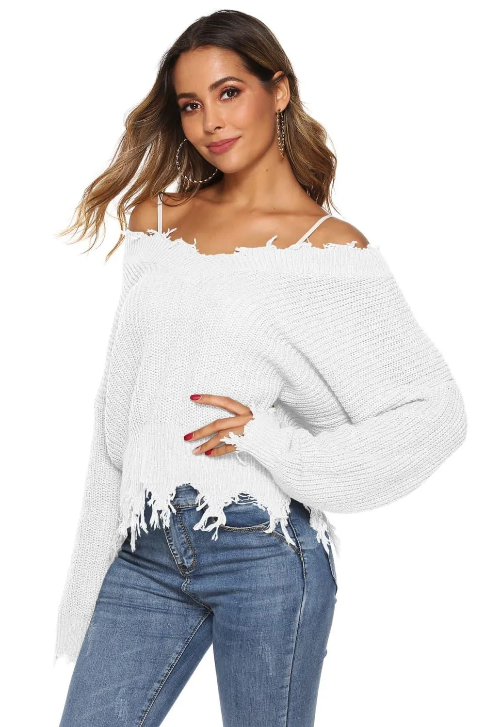 Off-Shoulder Ribbed Long Sleeve Raw Hem Sweater