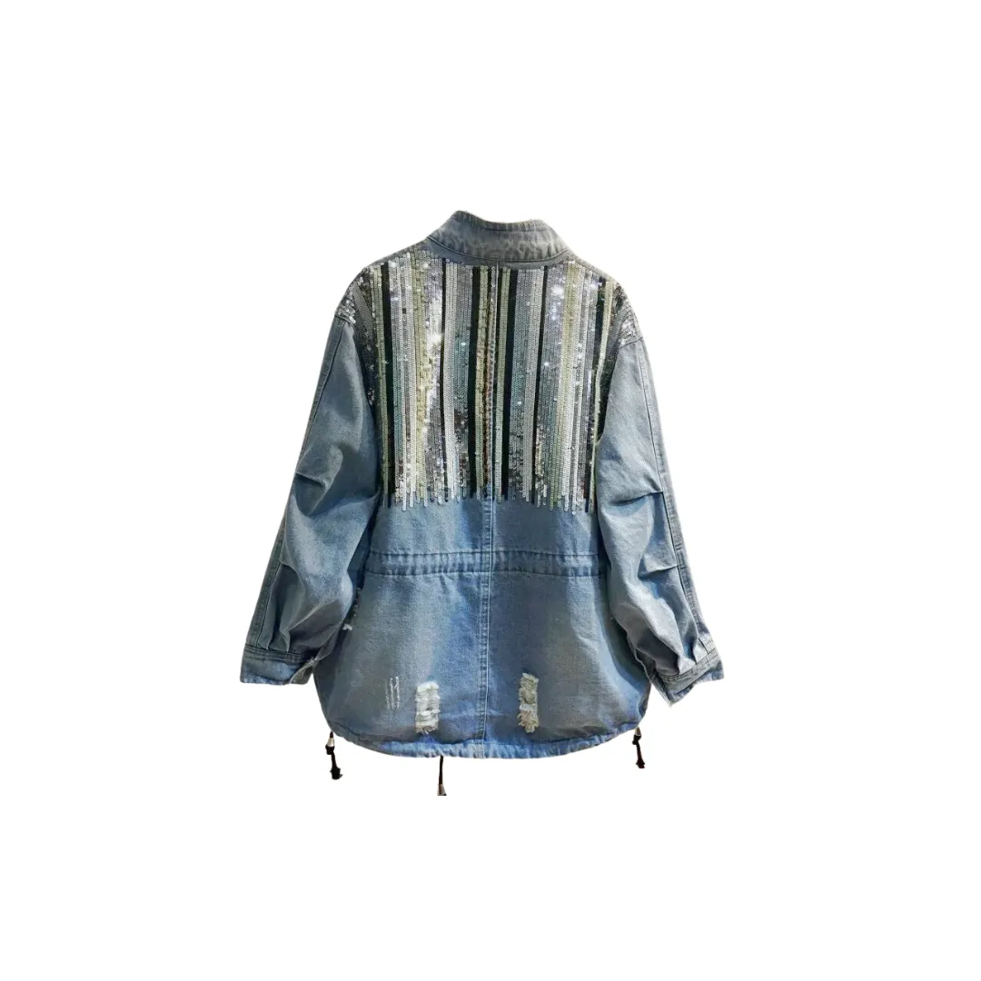 Pre Order:  Striped Sequins Long Sleeve Loose Denim Jacket