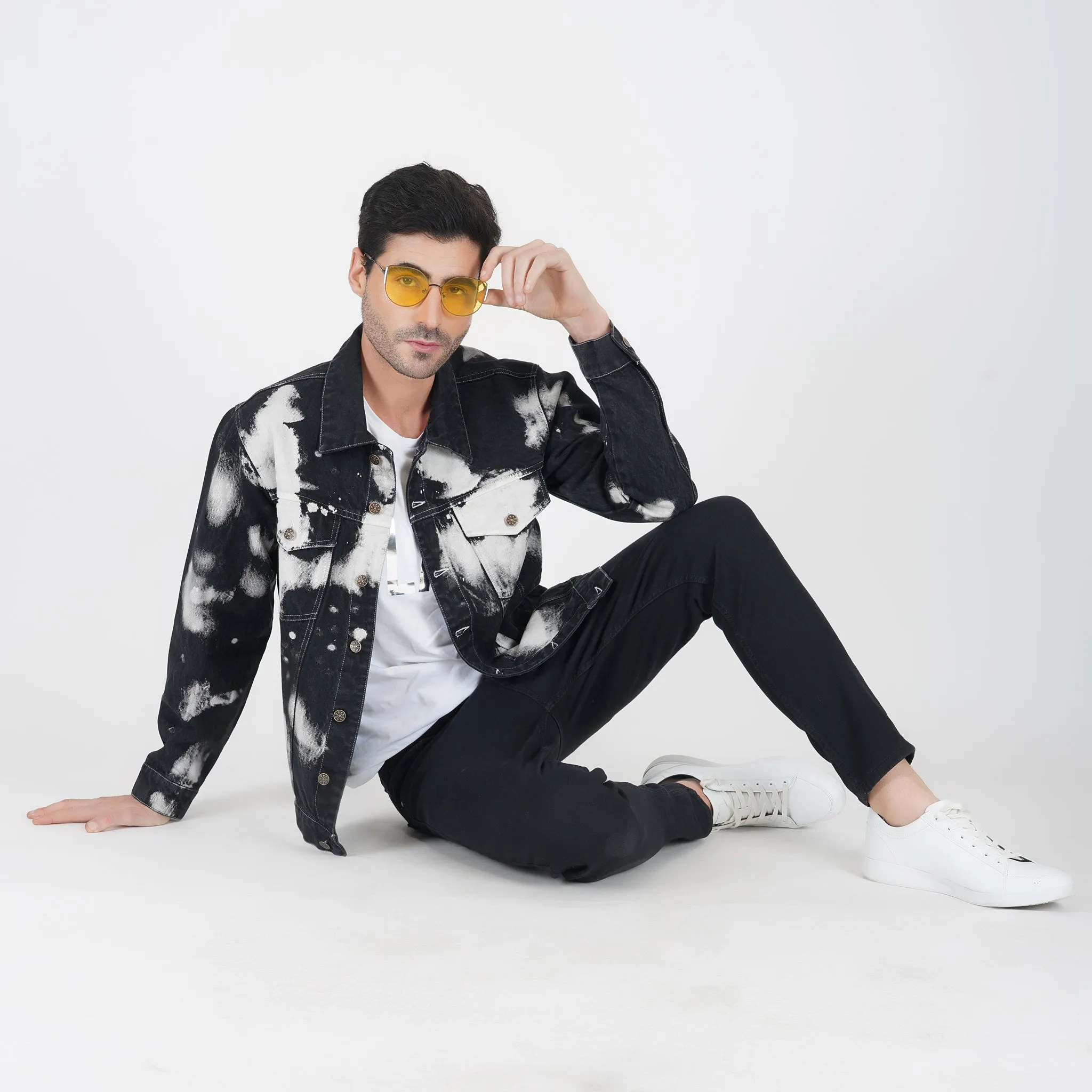 SLAY. Men's Black & White Tie Dye Button-Down Ripped Denim Jacket