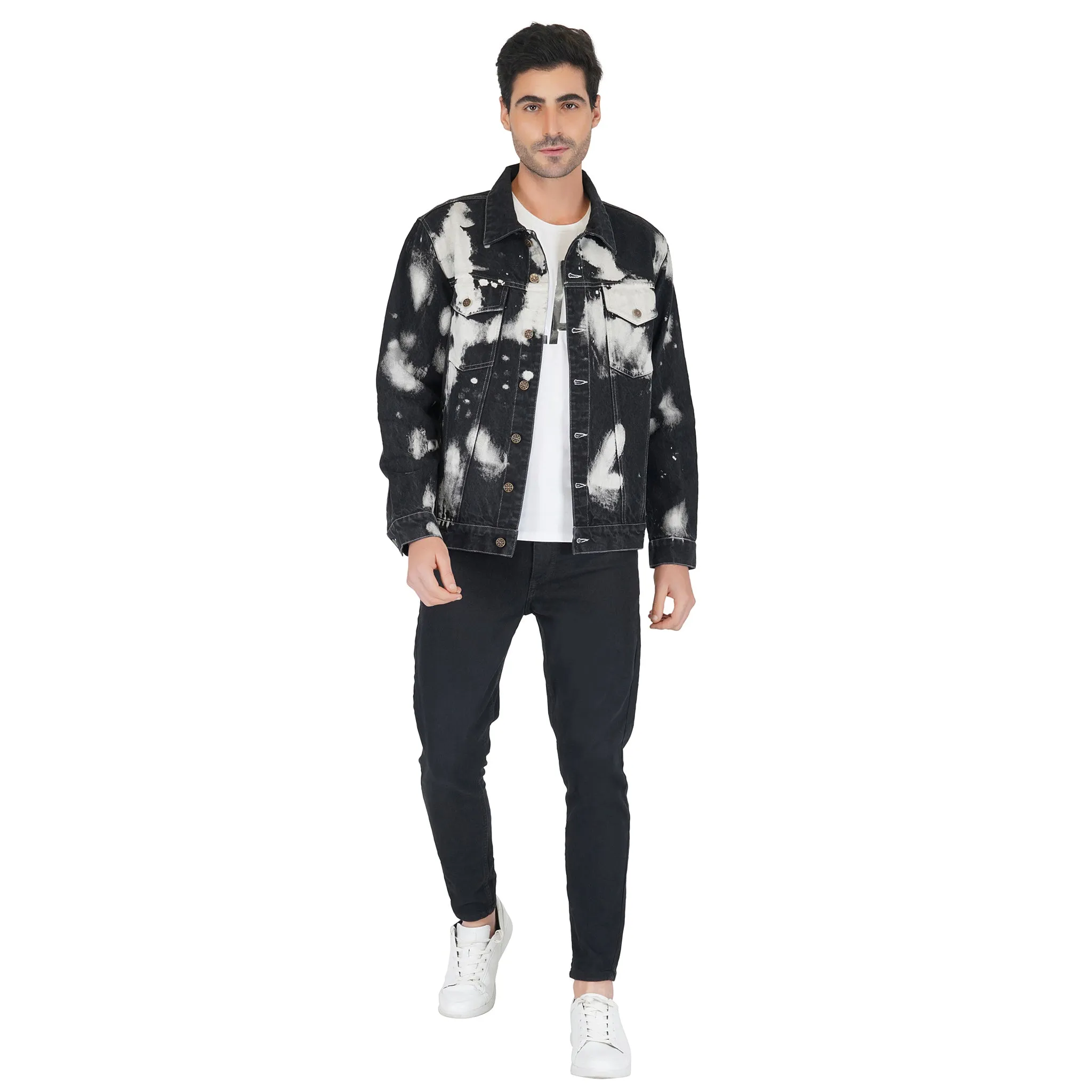 SLAY. Men's Black & White Tie Dye Button-Down Ripped Denim Jacket