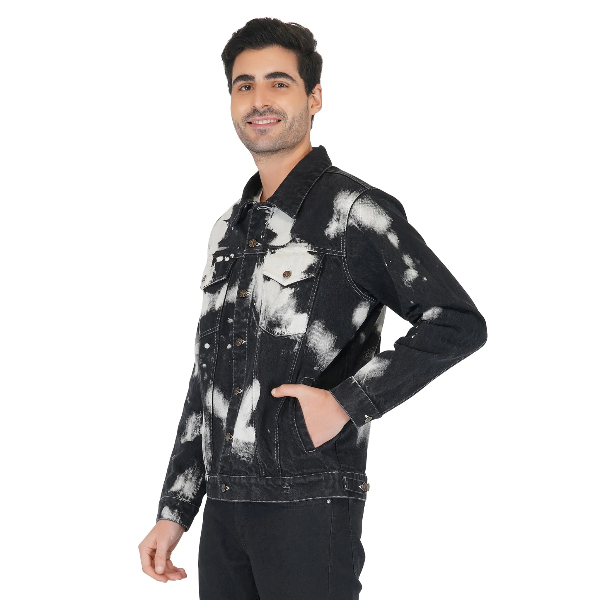 SLAY. Men's Black & White Tie Dye Button-Down Ripped Denim Jacket