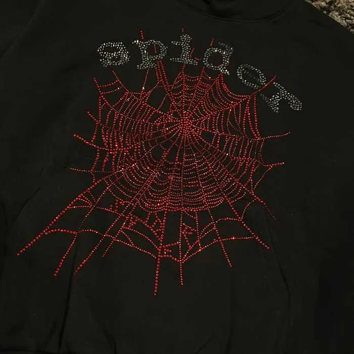 Sp5der - Red Rhinestones Pullover Hoodie - Black