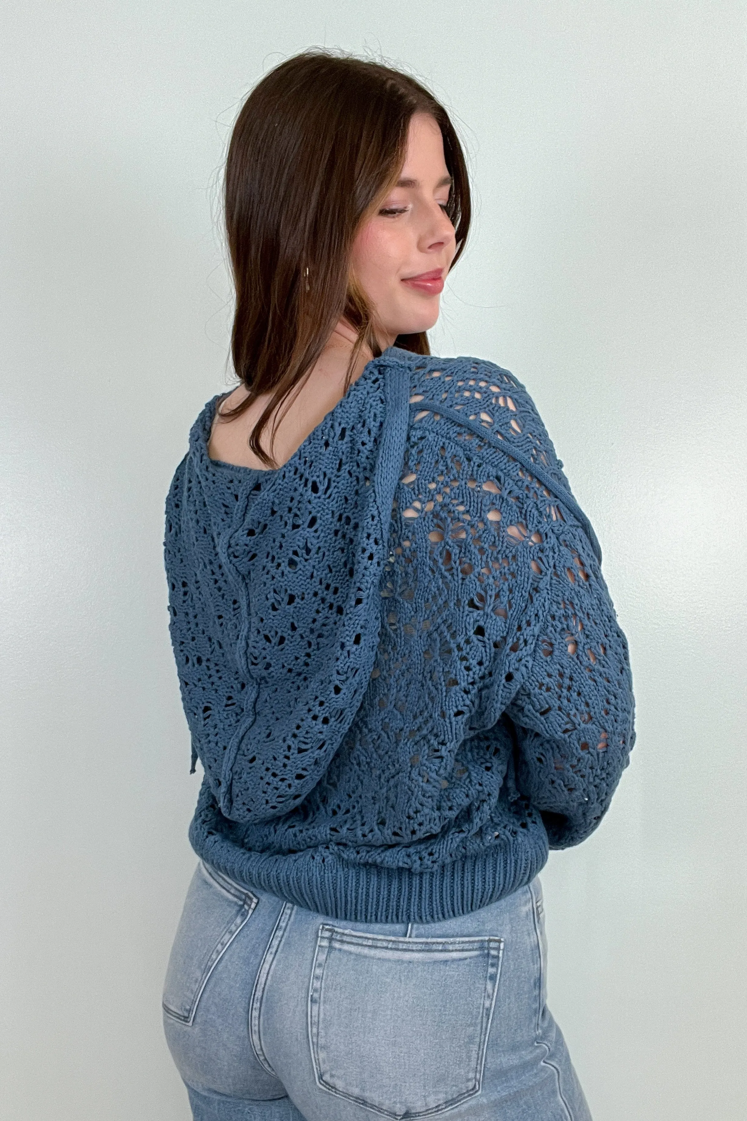 Stop Time Teal Crochet Hooded Sweater