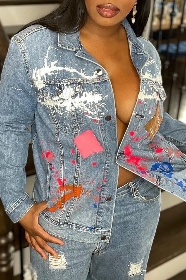 Stylish Denim Print Shirt Jacket