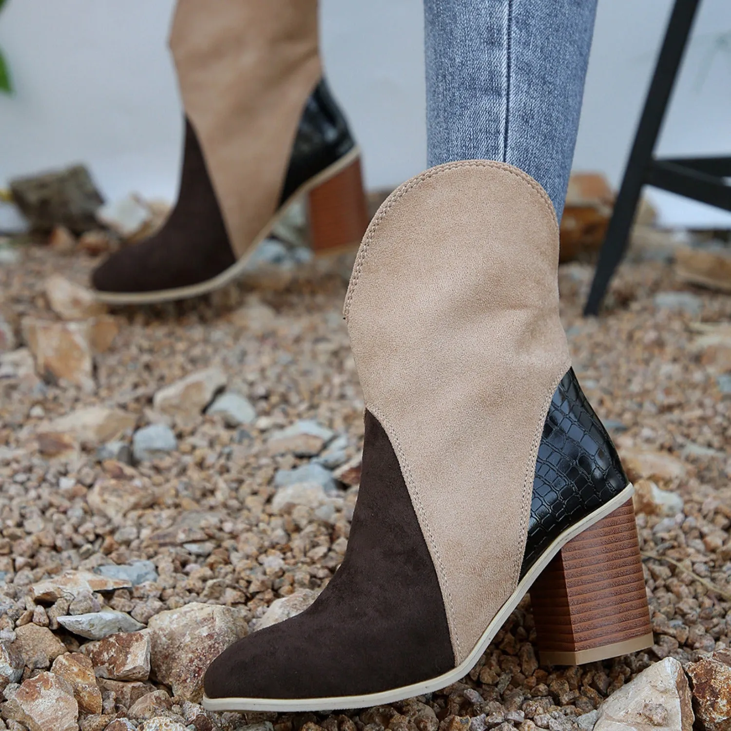 Suede Square Toe Block Heel Boots