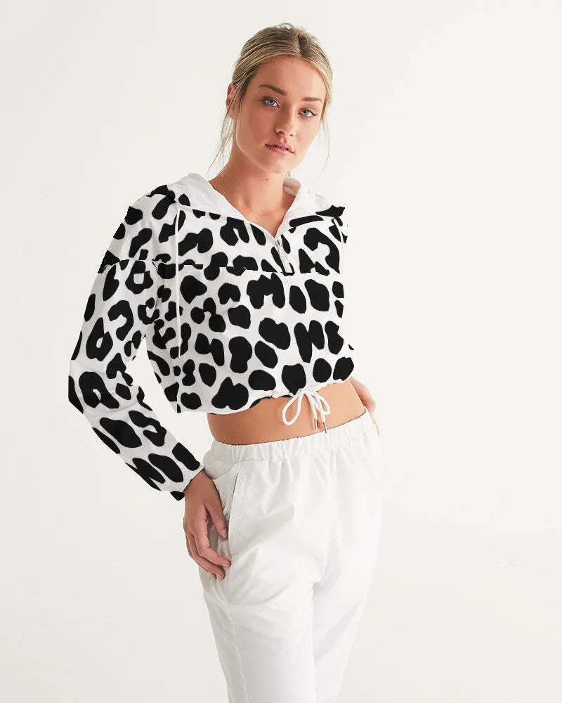 Uniquely You Women's Cropped Windbreaker Jacket - Black/White Leopard Print