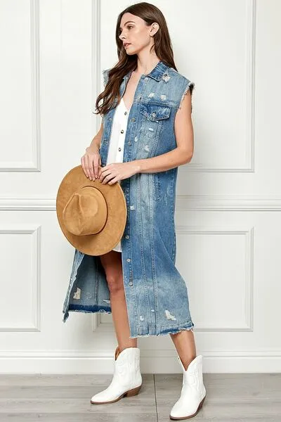 Veveret Distressed Sleeveless Longline Denim Jacket