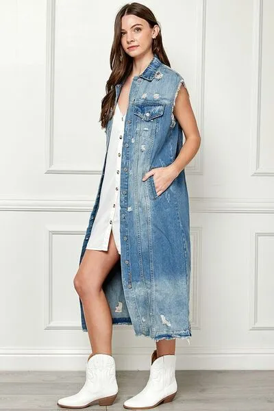 Veveret Distressed Sleeveless Longline Denim Jacket