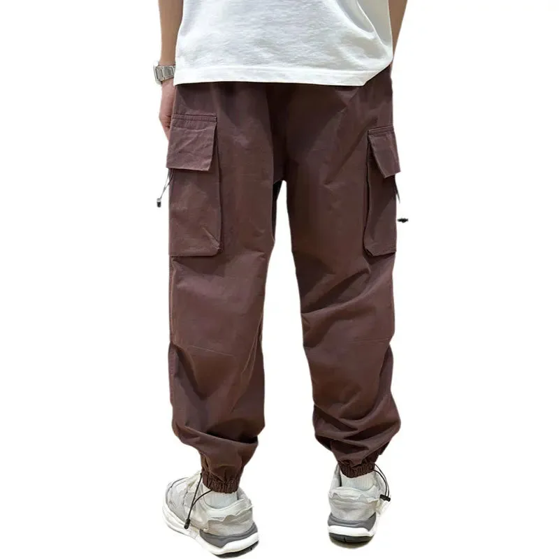 Wiaofellas  -  Sold Color Multi Flap Pockets Kpop Men's Straight Leg Pants Loose Casual Outdoor Pants, Hiking Fishing Fishing Men's Work Pants