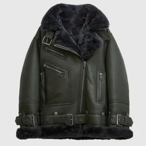 Women Best Style Green RAF Aviator Styled Lambskin Black Shearling Leather Jacket