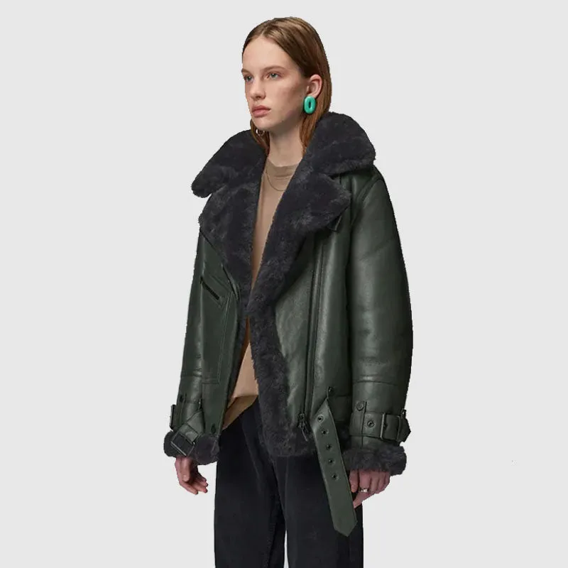 Women Best Style Green RAF Aviator Styled Lambskin Black Shearling Leather Jacket