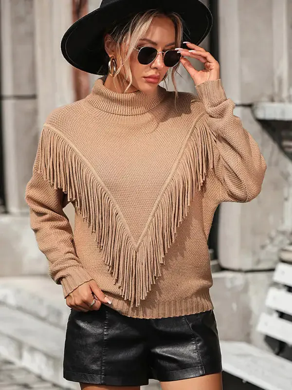 Women's Loose Fringed Knit Turtleneck Sweater