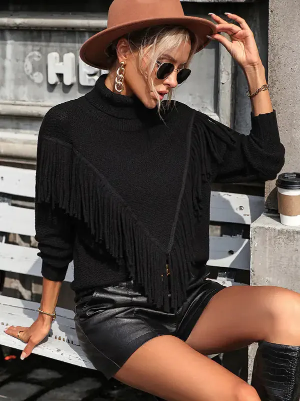 Women's Loose Fringed Knit Turtleneck Sweater