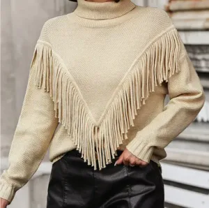 Women's Loose Fringed Knit Turtleneck Sweater