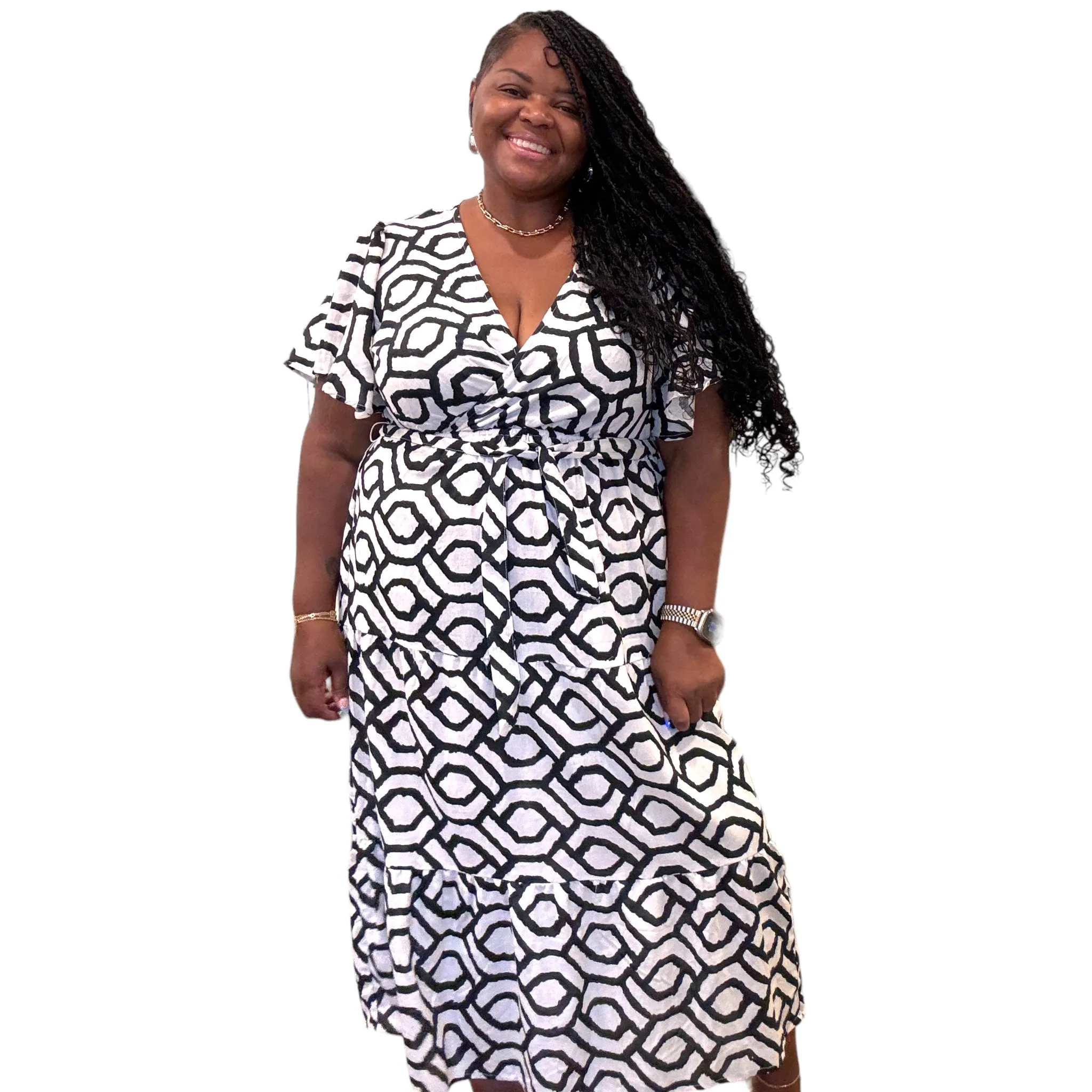 Women's Plus Black And White Geometric Maxi Dress